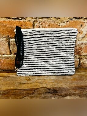 Woven Black & White Stripe Wristlet Clutch - Classic Neutral